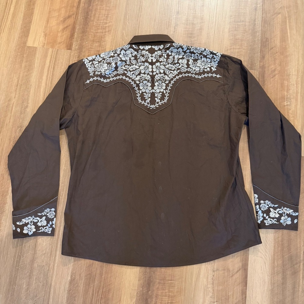 Salvaje Oeste Western Shirt Mens 2XL Brown Floral Embroidered Pearl Snap Cowboy - Picture 2 of 7